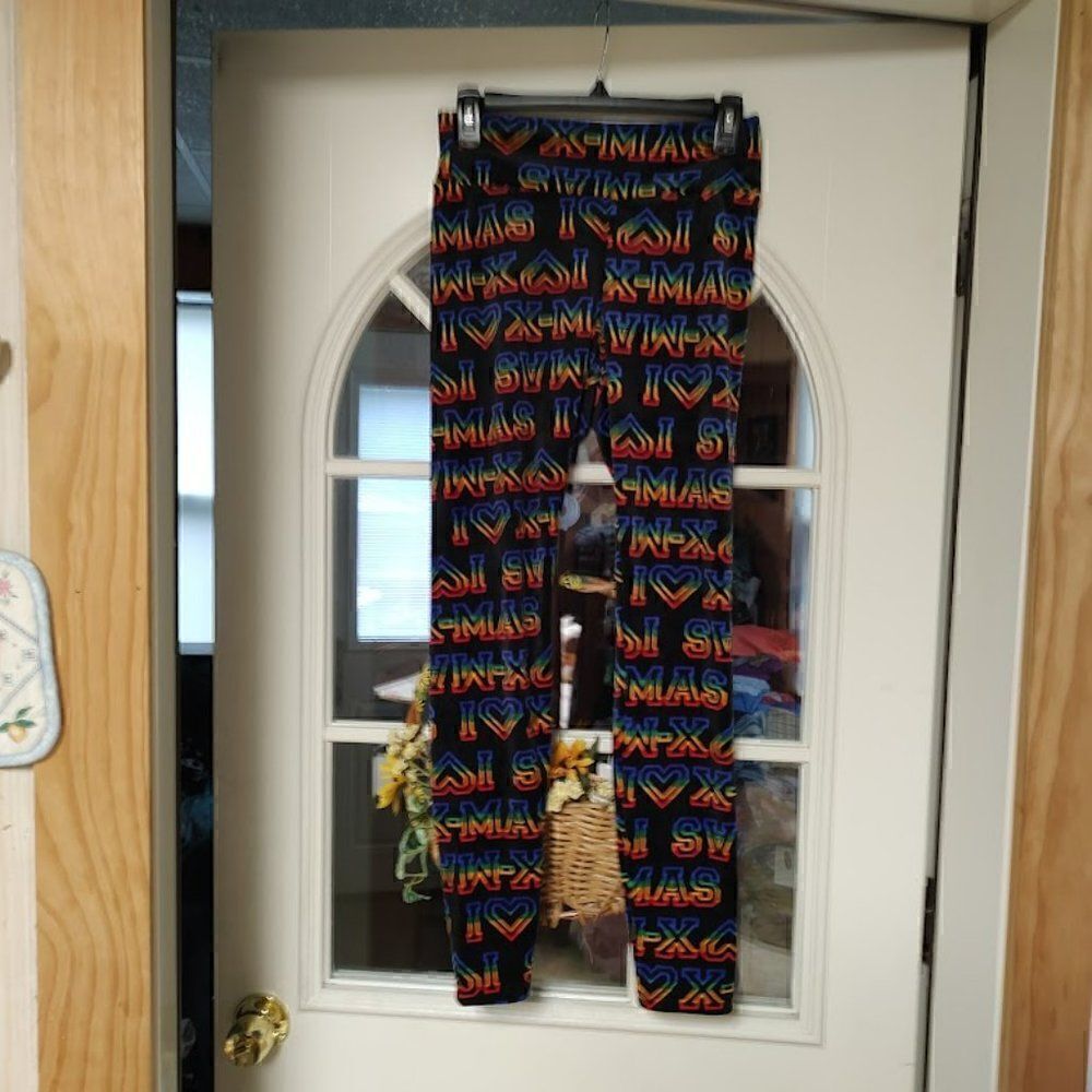 New No Boundaries Black Multi-Color I Heart X-Mas Soft Fleece Leggings Junior M